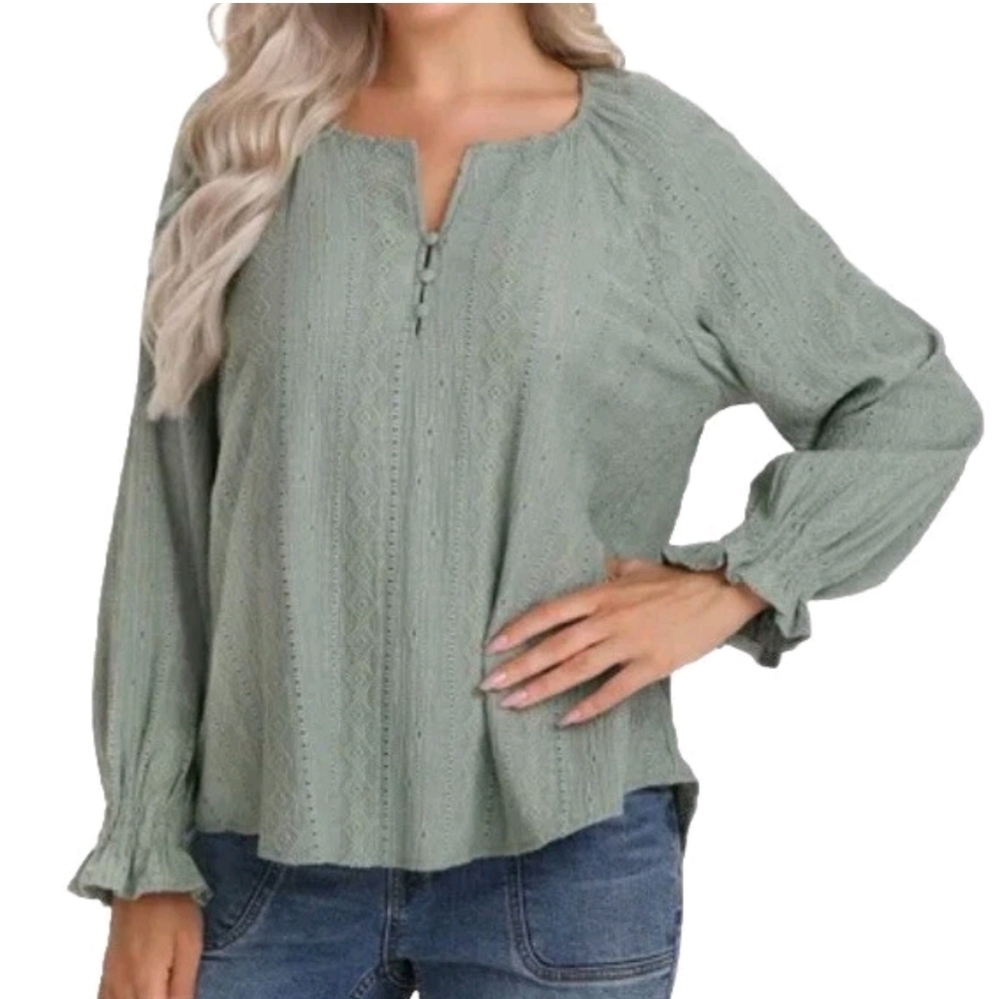 Frye Green Textured Long Sleeve Boho Peasant Blouse Small